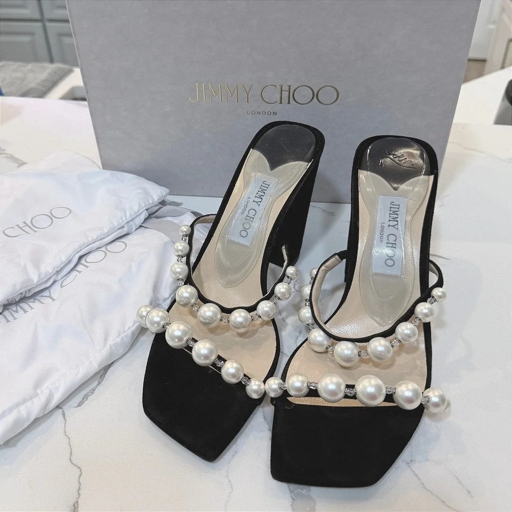 Jimmy Choo Sandals Amara 85 Black Suede Pearl  Block Heel‎ Size 40/US 10